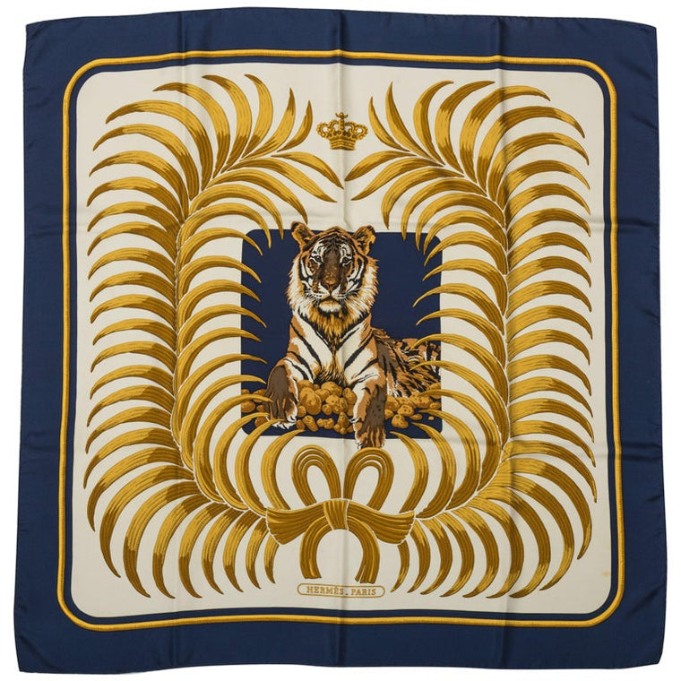 Hermes Navy Silk Tiger Scarf