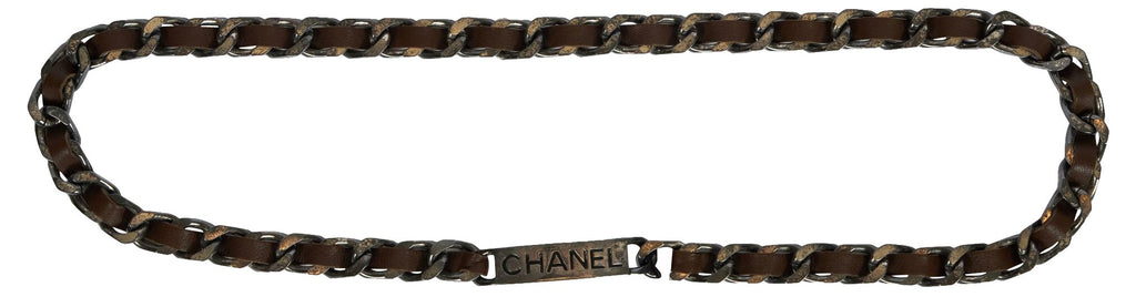Chanel Dark Metal & Brown Leather Chain