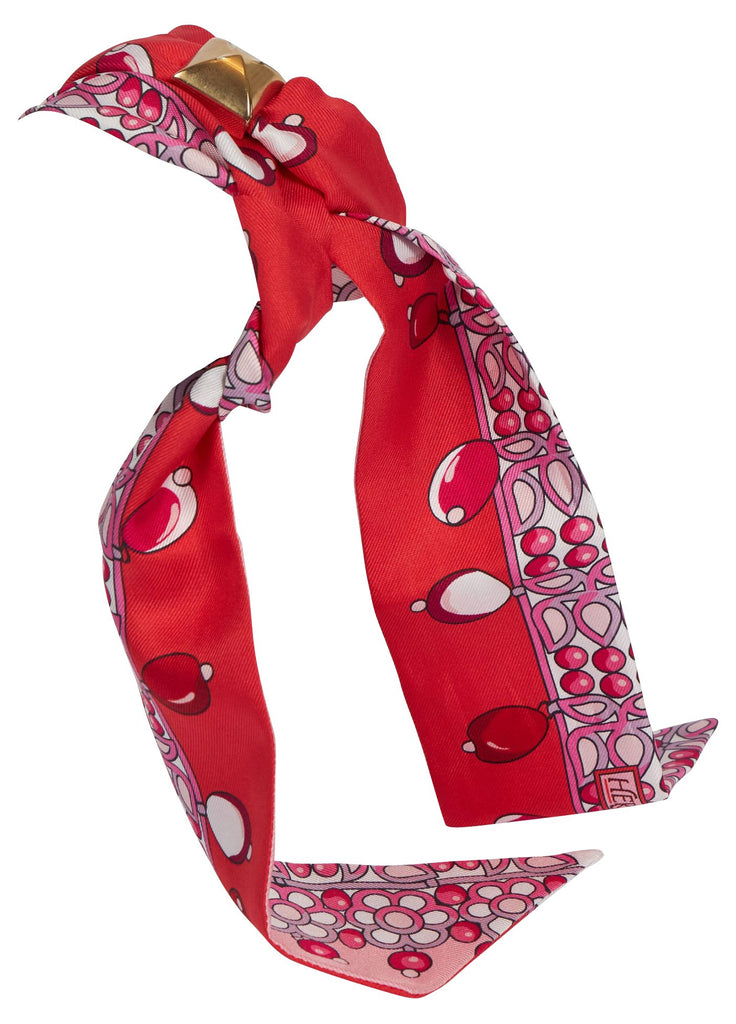 Hermes Red Pink Pearls Silk Twilly Scarf