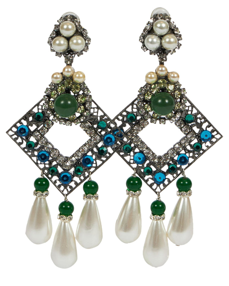 Vrba Emerald & Pearl Chandelier Earrings
