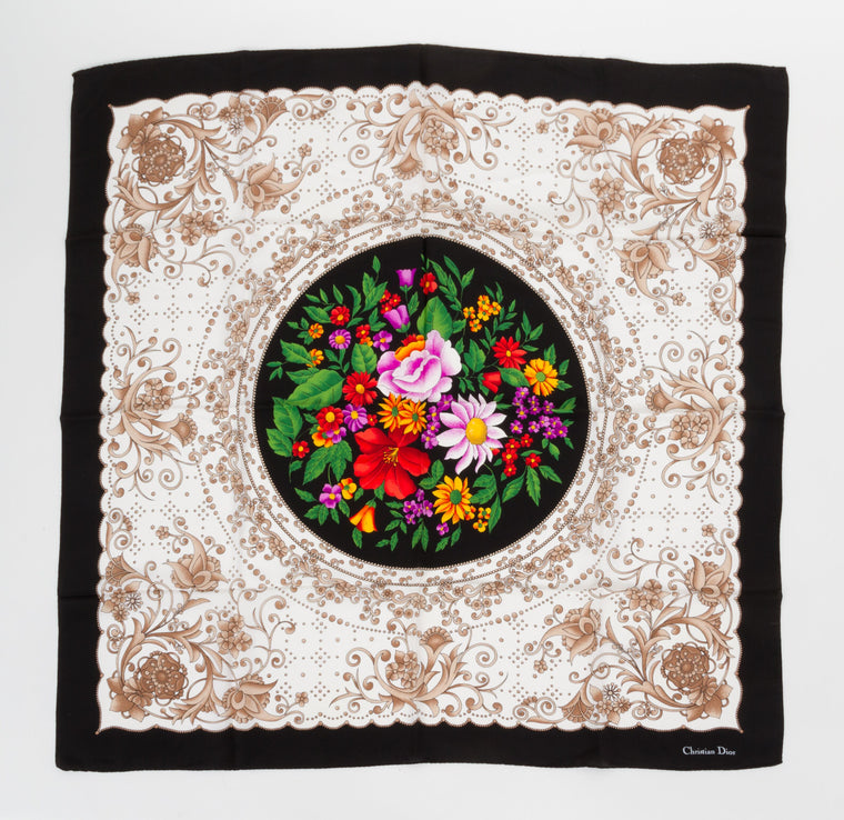 Dior Black Silk Flower Bouquet Scarf