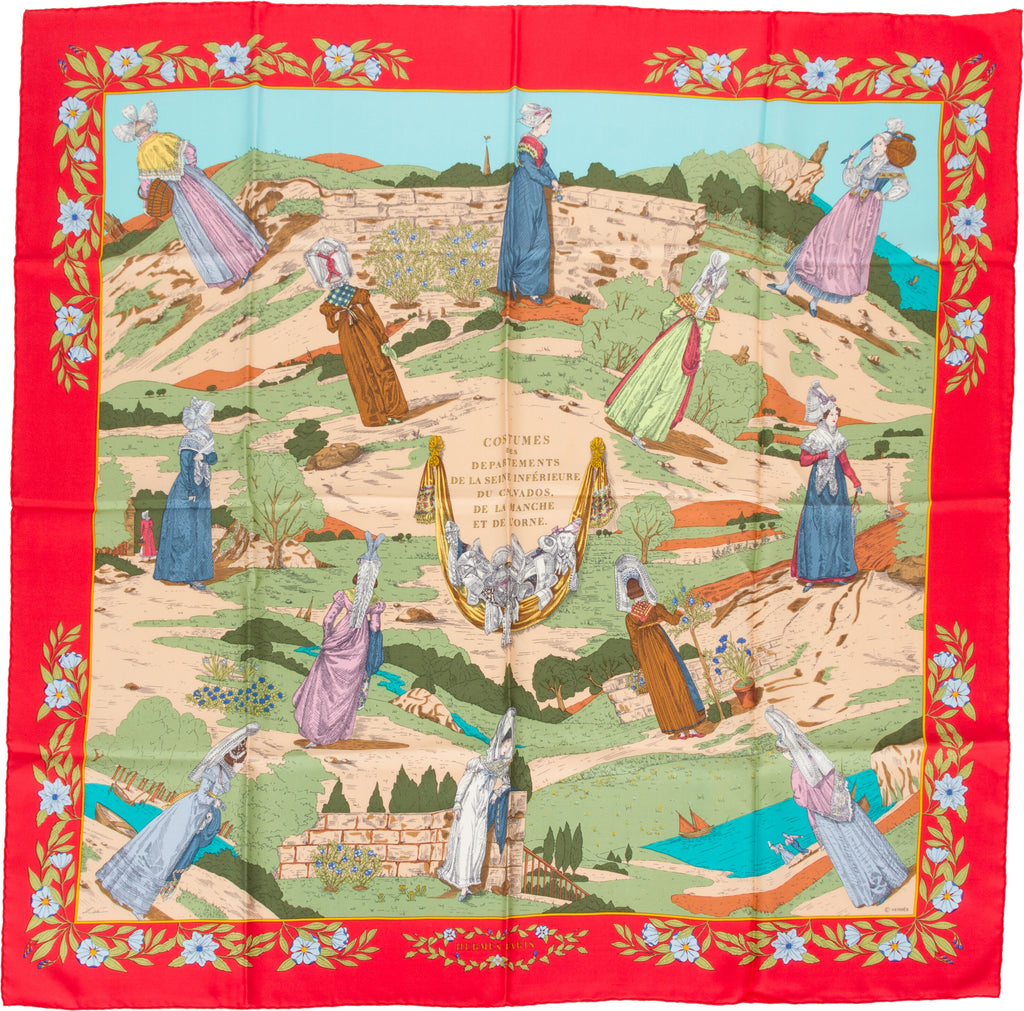 Hermès "Costumes" Red Silk Pink Scarf