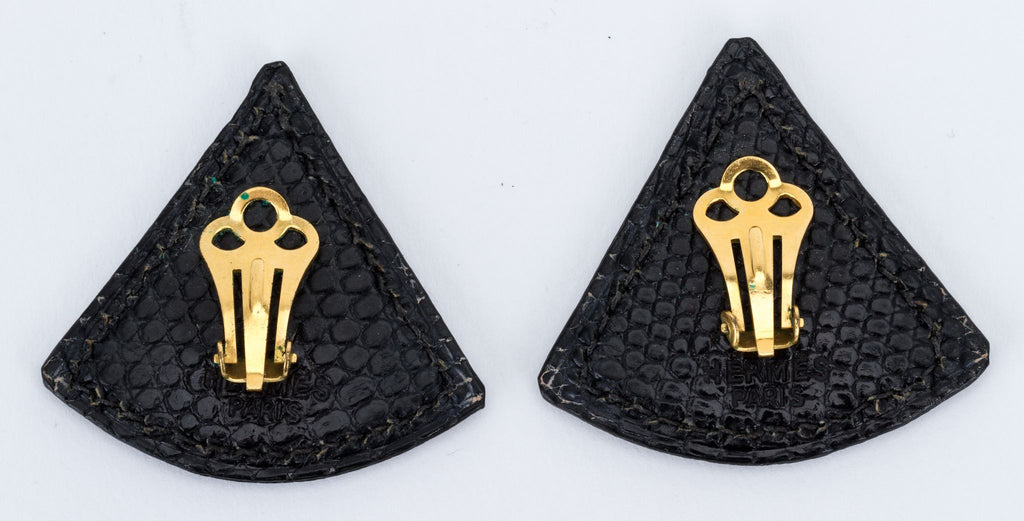 Hermes Black Lizard Triangle Earrings