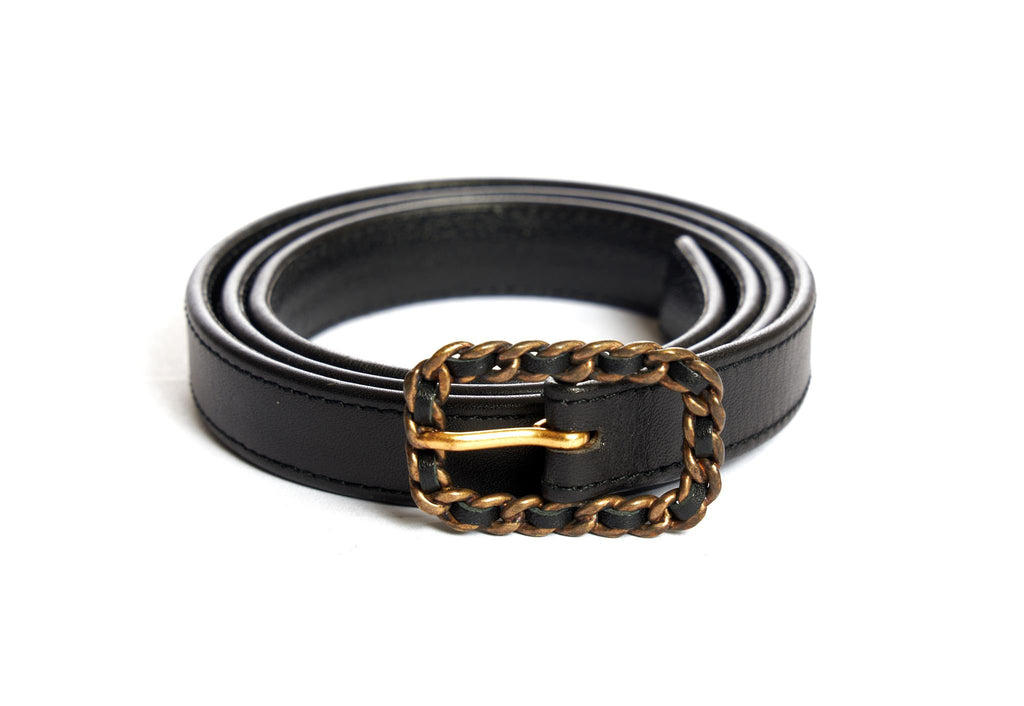 Chanel Thin Black Belt With Chain Buckle