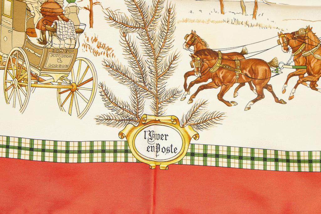 Hermès L'Hiver en Poste Red Silk  Scarf