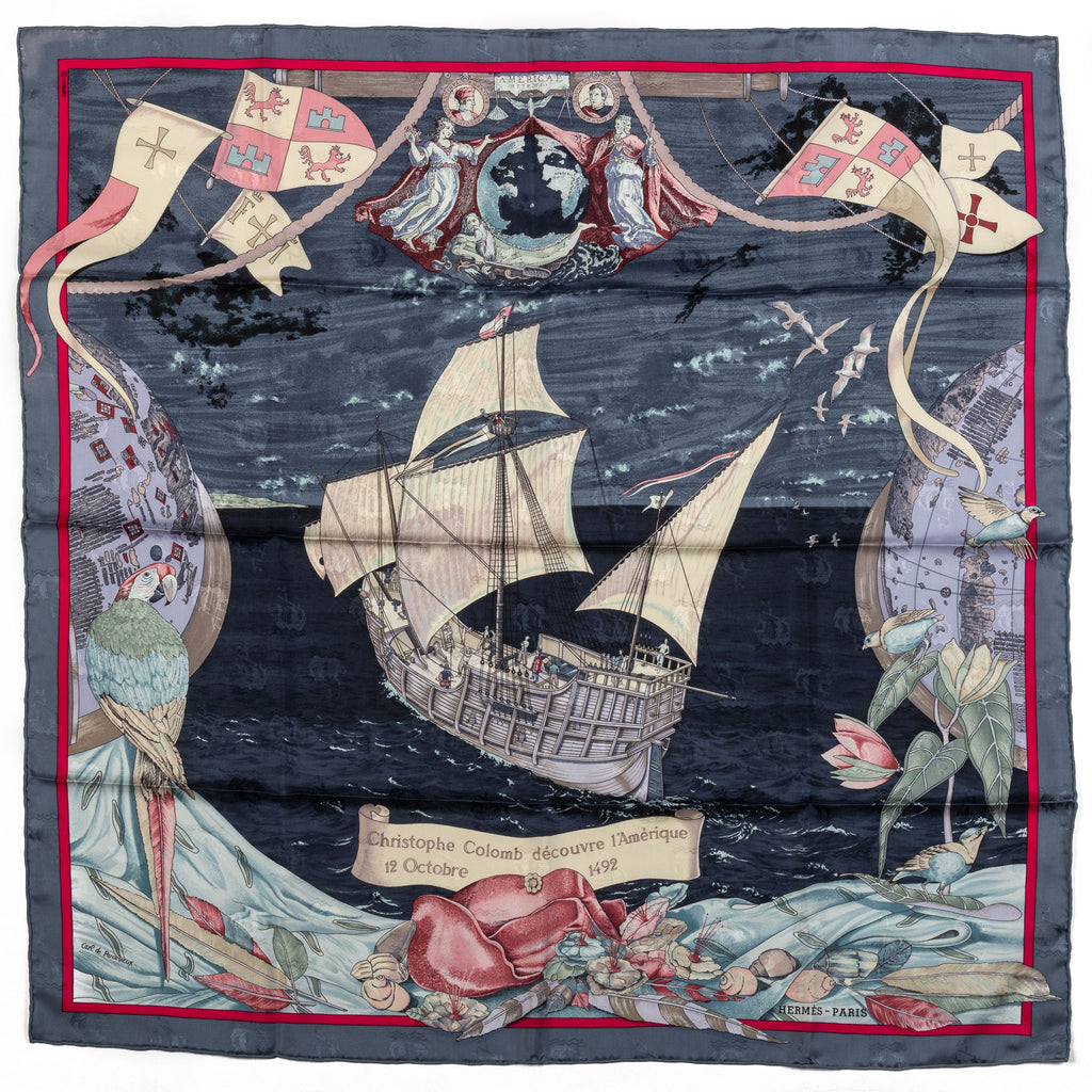 Hermes Colombe Ship Blue Silk Scarf