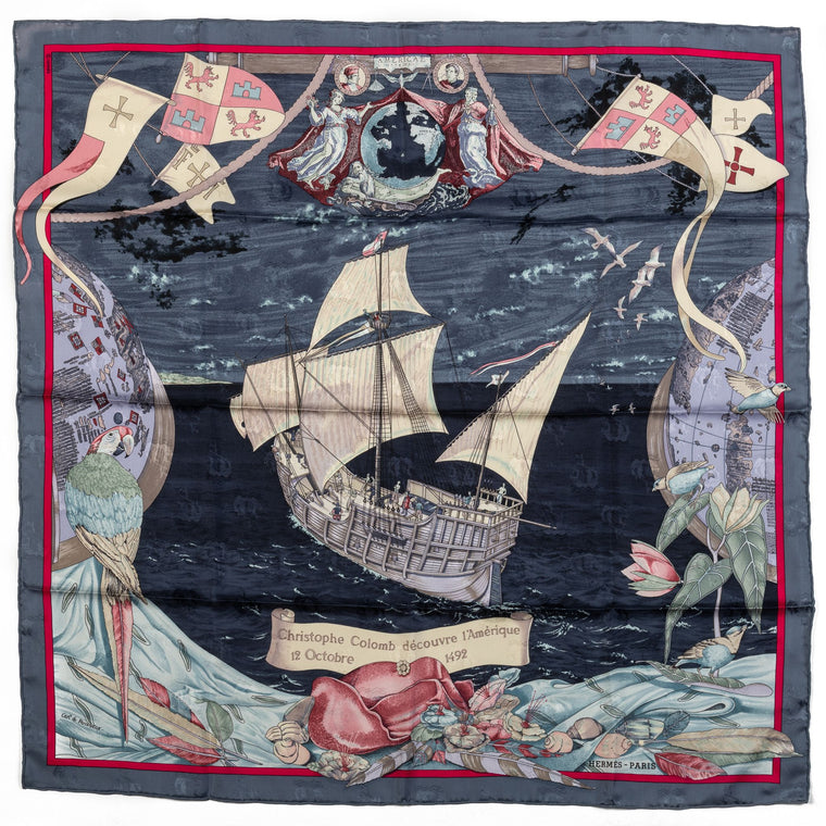 Hermes Colombe Ship Blue Silk Scarf
