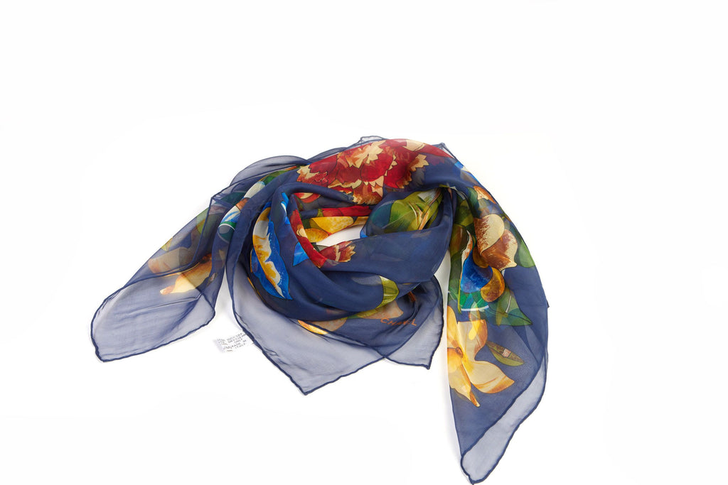 Chanel Blue Silk Chiffon Flower Scarf