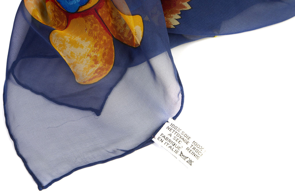 Chanel Blue Silk Chiffon Flower Scarf