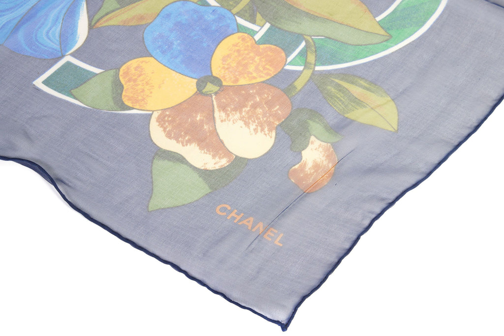 Chanel Blue Silk Chiffon Flower Scarf