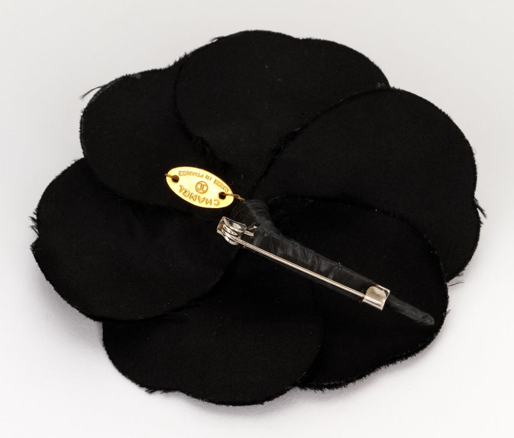 Chanel large black fabric camelia brooch