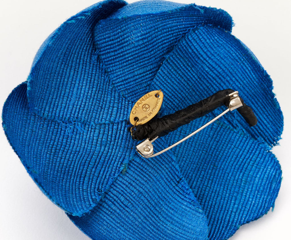 Chanel large blue fabric camellia brooch