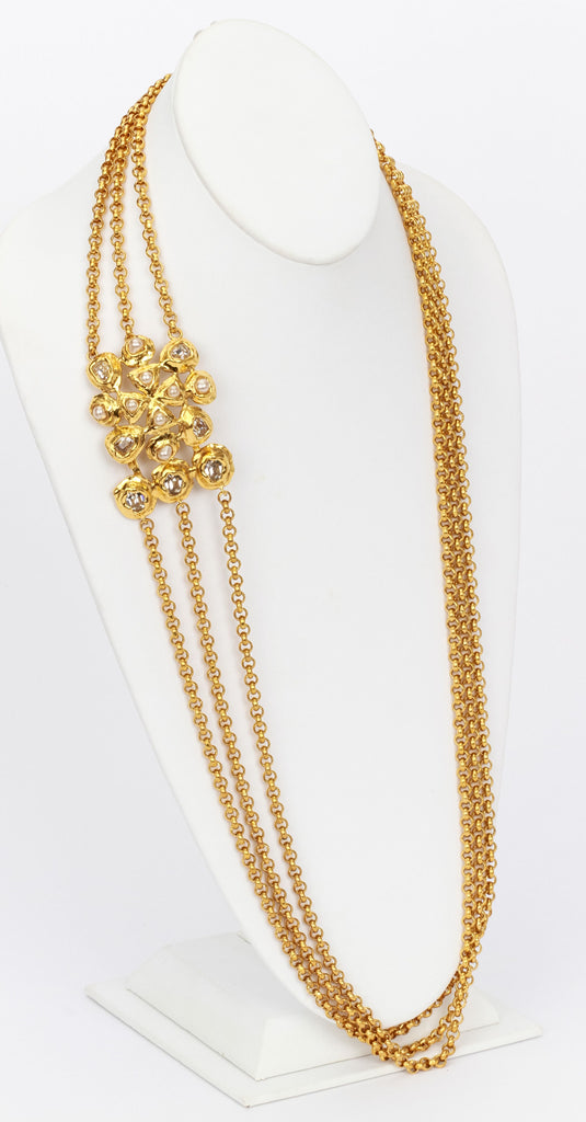 Chanel gold chain necklace stones pearls