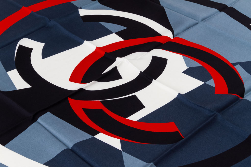 Chanel new black gray red silk scarf