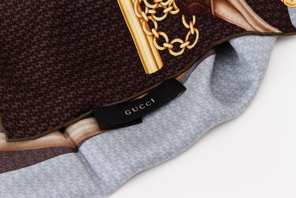 Gucci Gray Logo Equestrian Silk Scarf