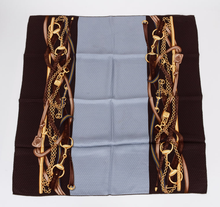 Gucci Gray Logo Equestrian Silk Scarf