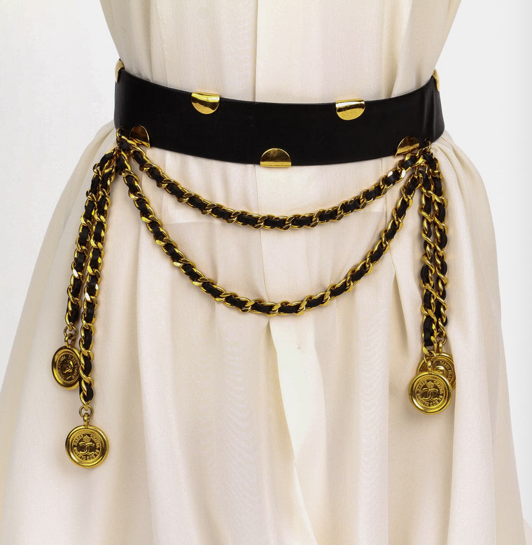 Chanel black leather belt spring 1993