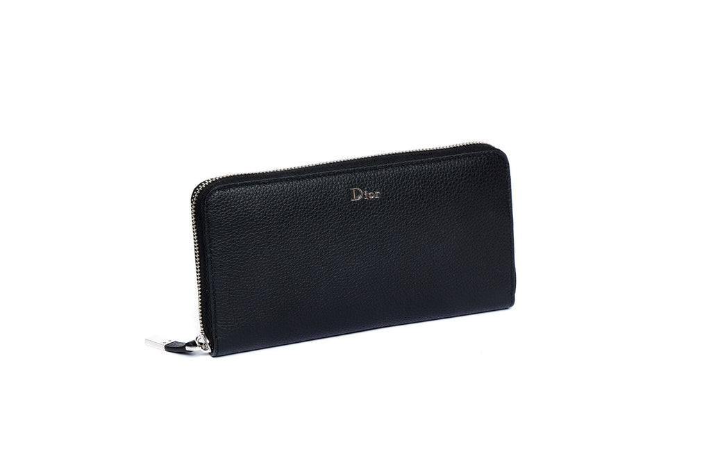 Dior New Black Leather Zip Around Wallet