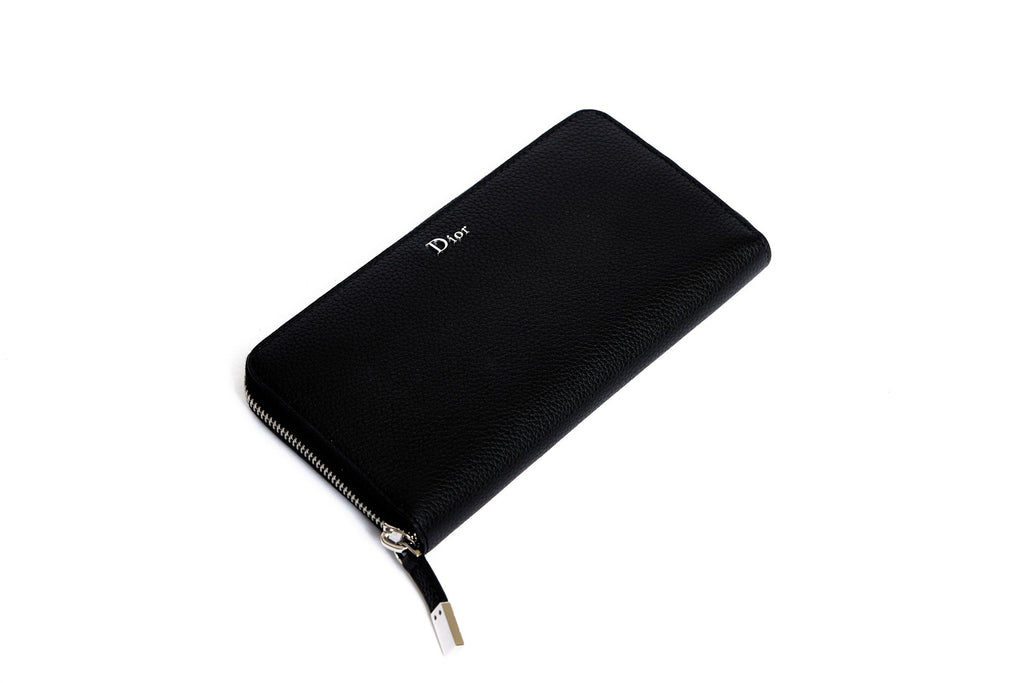 Dior New Black Leather Zip Around Wallet