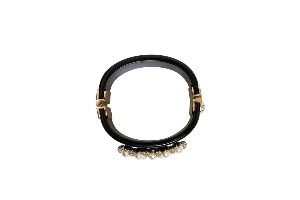 Chanel Black Cuff Pearl Logo Bracelet