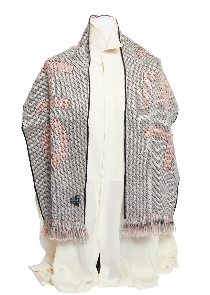 Chanel Pink Grey Metallic Wool Scarf