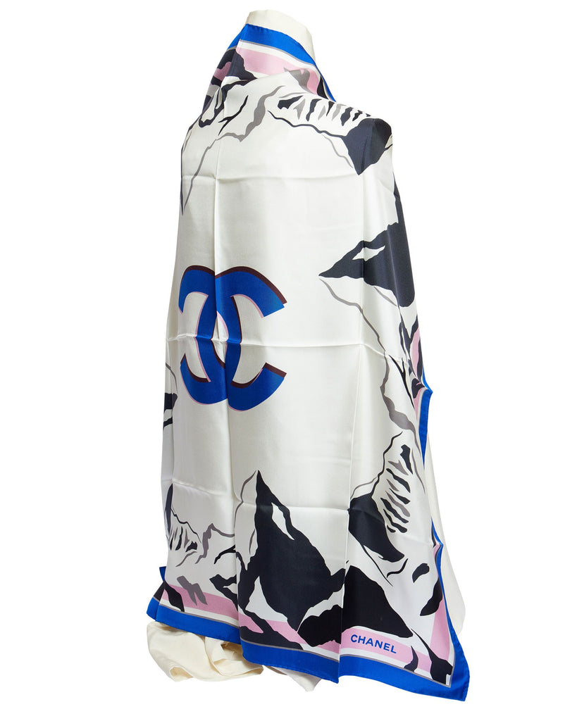 Chanel White Silk Blue CC Logo Scarf