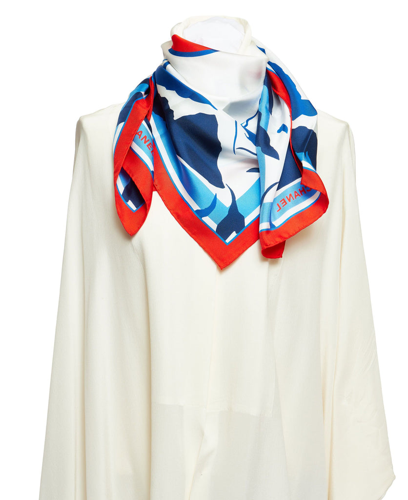Chanel New White/Blue Silk Red CC Scarf