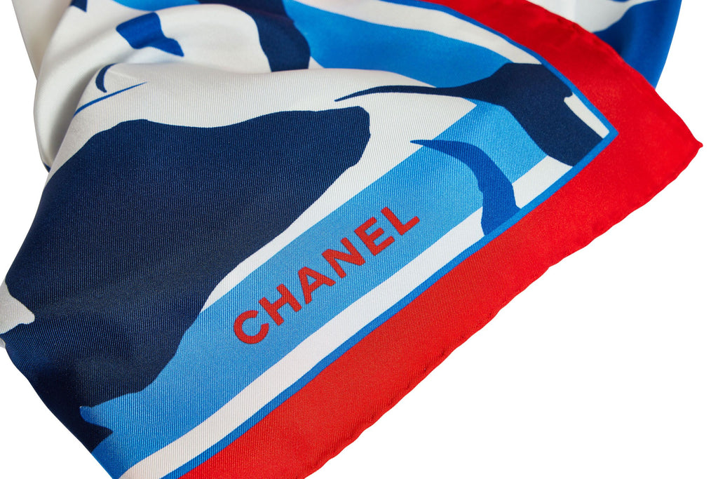 Chanel New White/Blue Silk Red CC Scarf