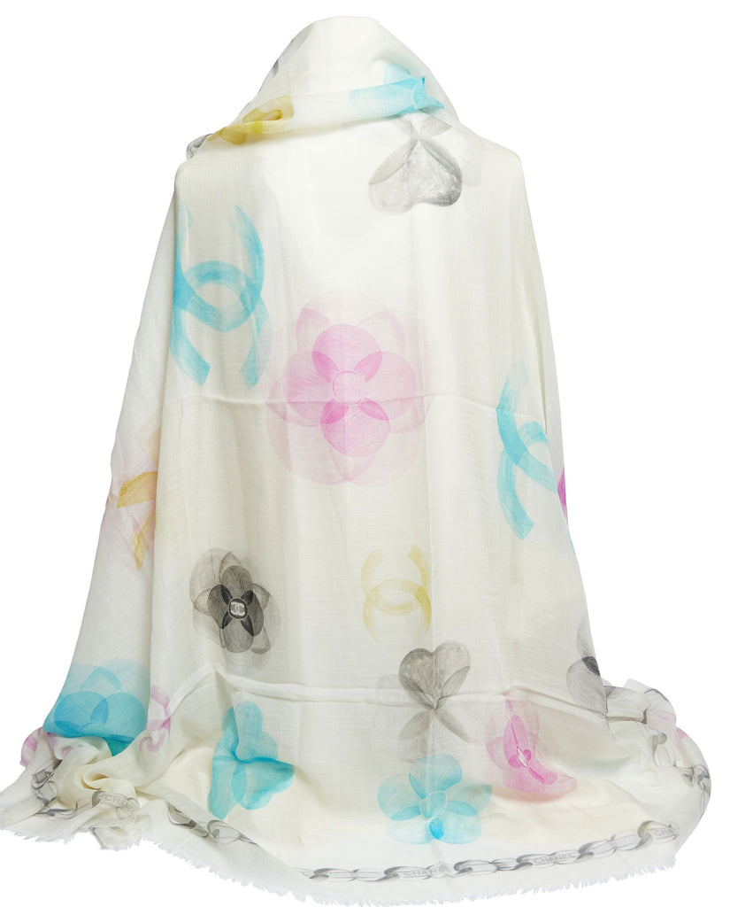 Chanel New White Camellia Cashmere Shawl