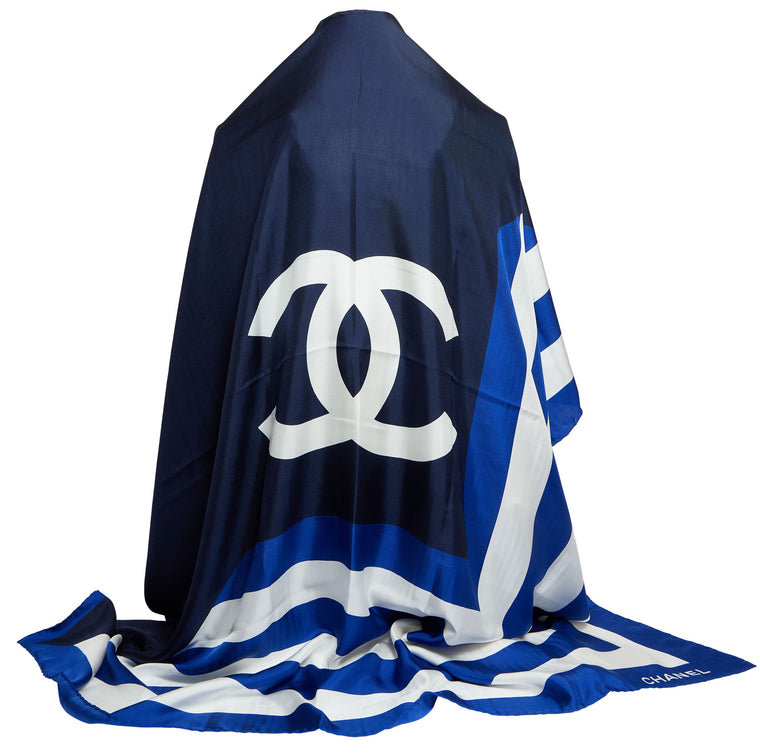 Chanel New Silk Blue Shawl White CC logo