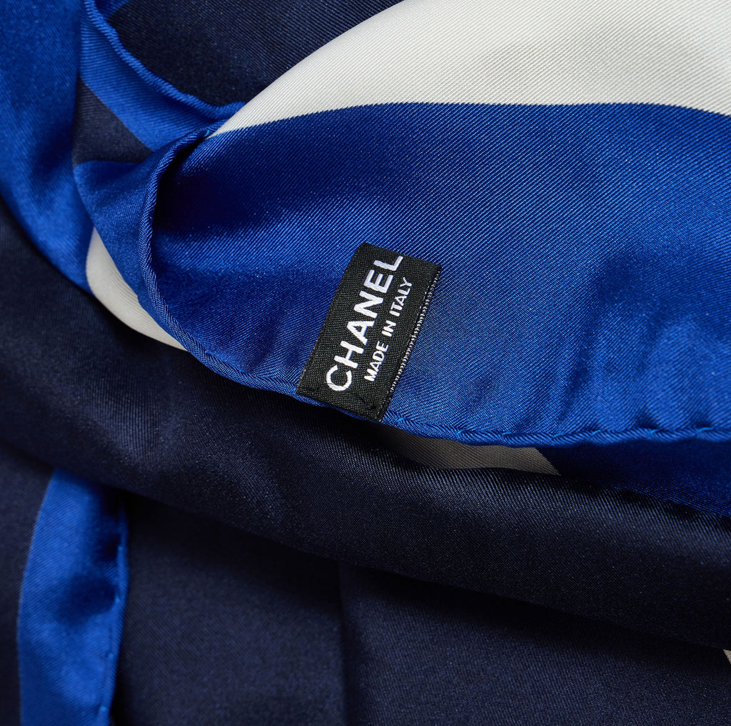 Chanel New Silk Blue Shawl White CC logo