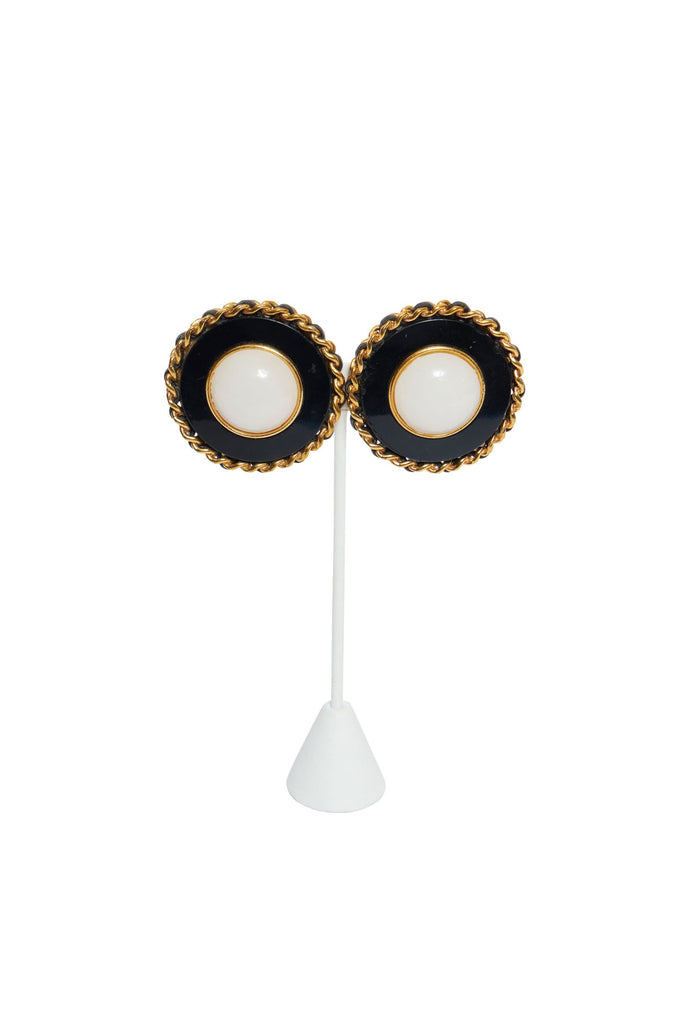 Chanel Black Enamel/White Glass Earrings