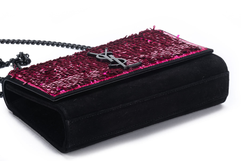 YSL Fuchsia Sequins Black Suede Handbag