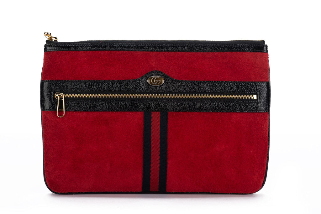 Gucci New Red Suede/Black Patent Clutch