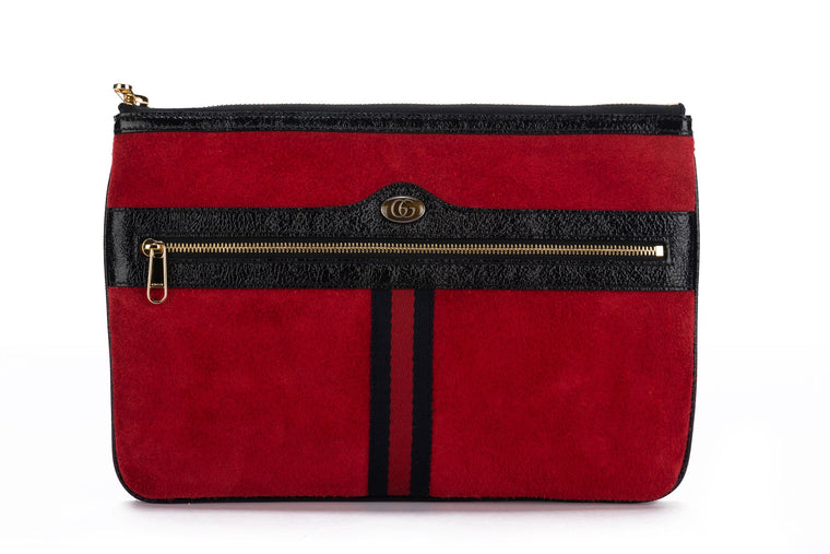 Gucci New Red Suede/Black Patent Clutch
