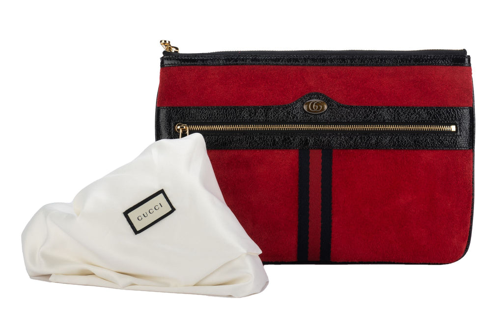 Gucci New Red Suede/Black Patent Clutch