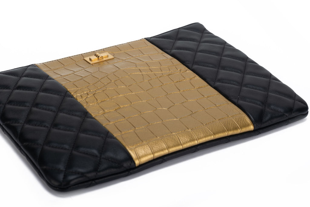 Chanel BNIB Black & Gold Croc Clutch