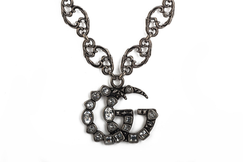Gucci NIB Gunmetal Logo Necklace