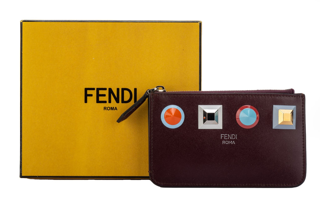 Fendi NIB Burgundy Zipped Wallet W/Studs