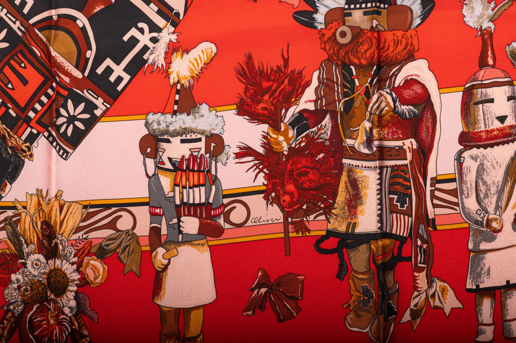 Hermès Red Kachinas Silk Scarf
