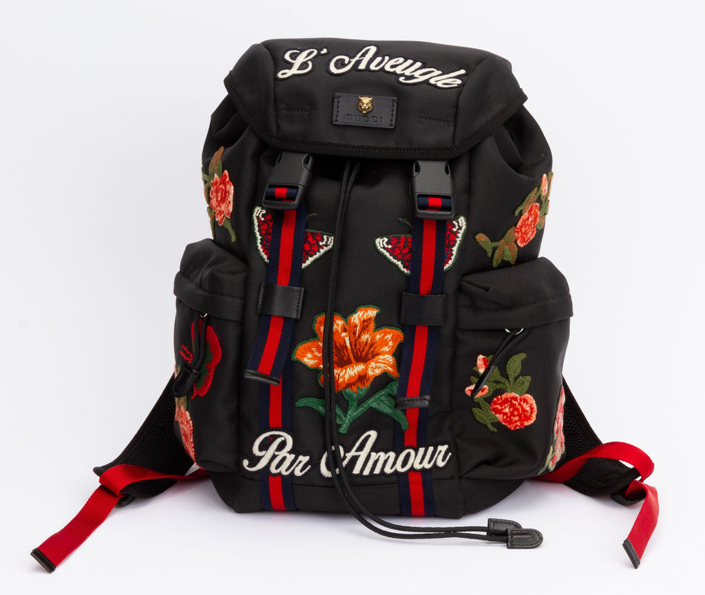 Gucci New Black Embroidered Backpack
