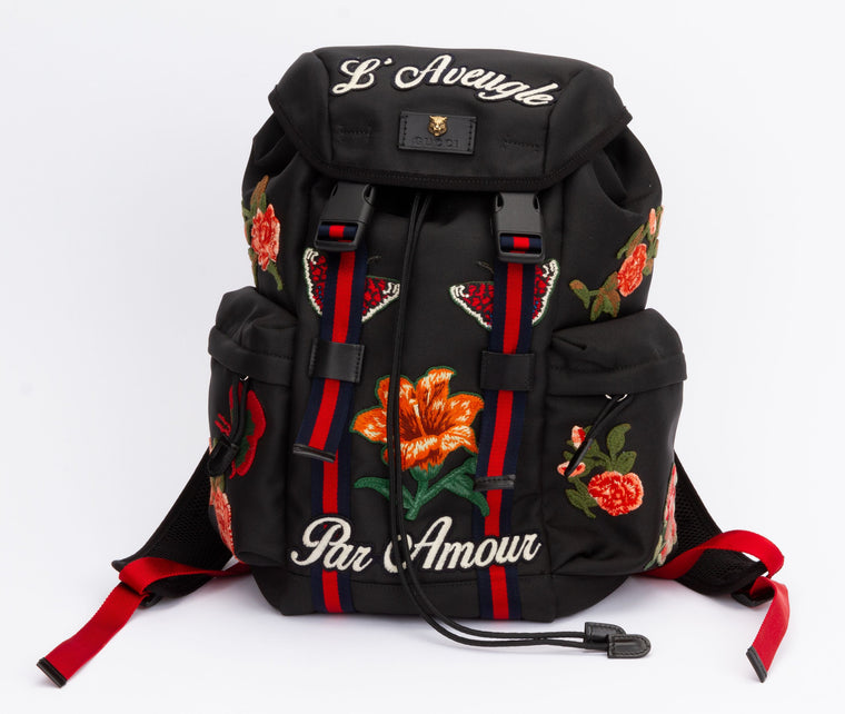 Gucci New Black Embroidered Backpack