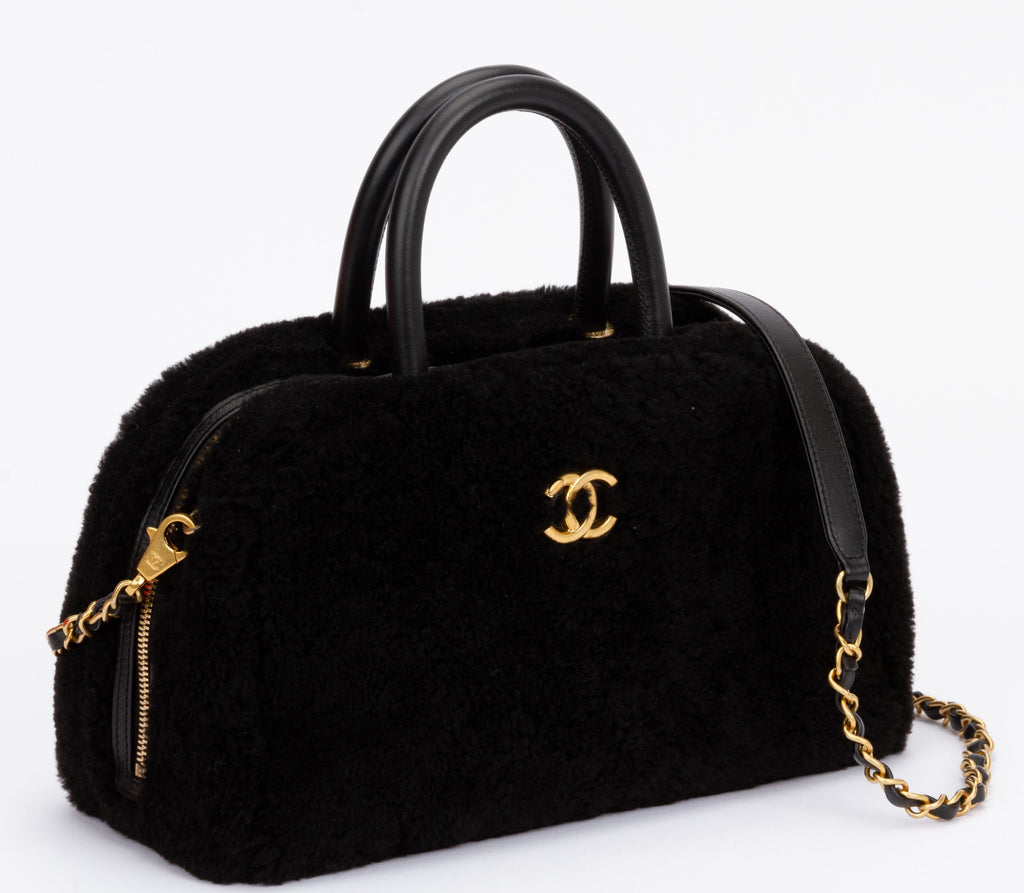 Chanel Black Shearling Bowler Bag Strap