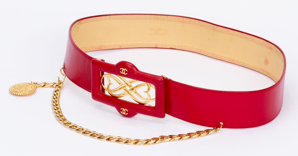 Chanel Red 80s Belt With Chain Drop