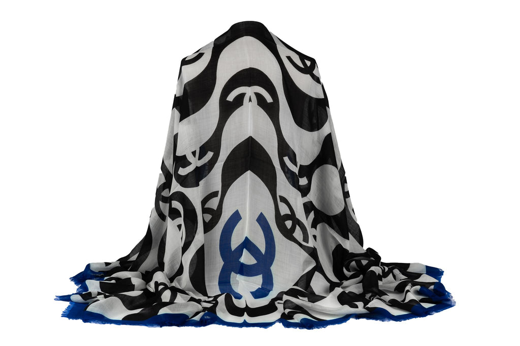Chanel New Black White Blue Logo Shawl