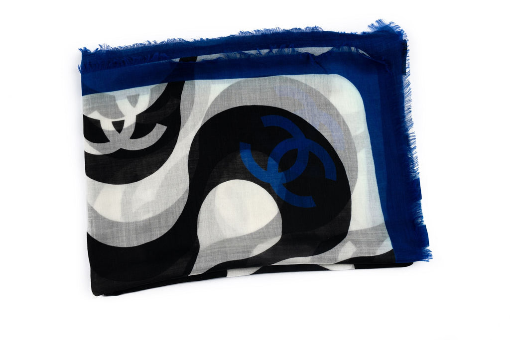 Chanel New Black White Blue Logo Shawl