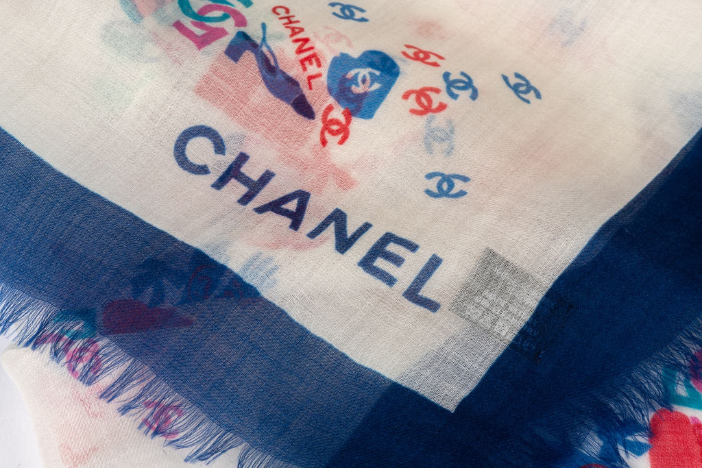 Chanel New White Blue Cashmere Shawl