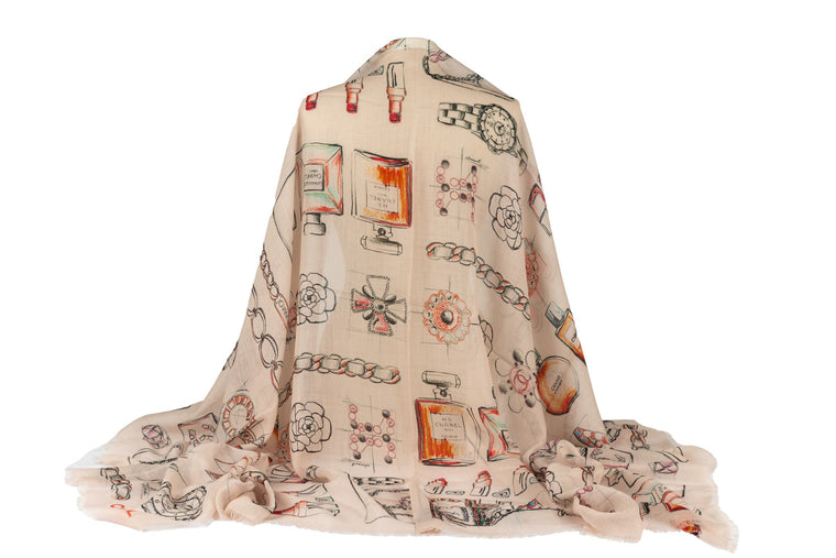 Chanel New Beige Drawings Cashmere Shawl