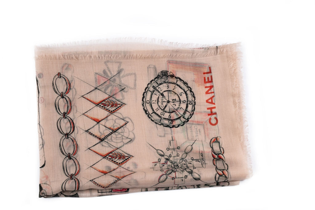 Chanel New Beige Drawings Cashmere Shawl