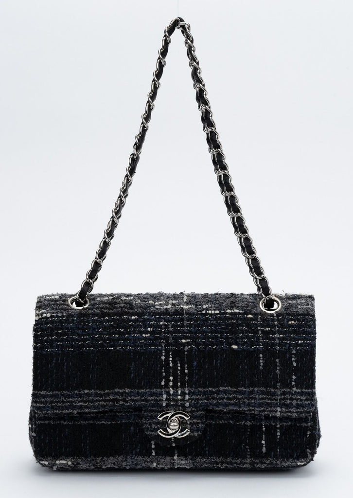 Chanel Black Blue Tweed Double Flap 10"